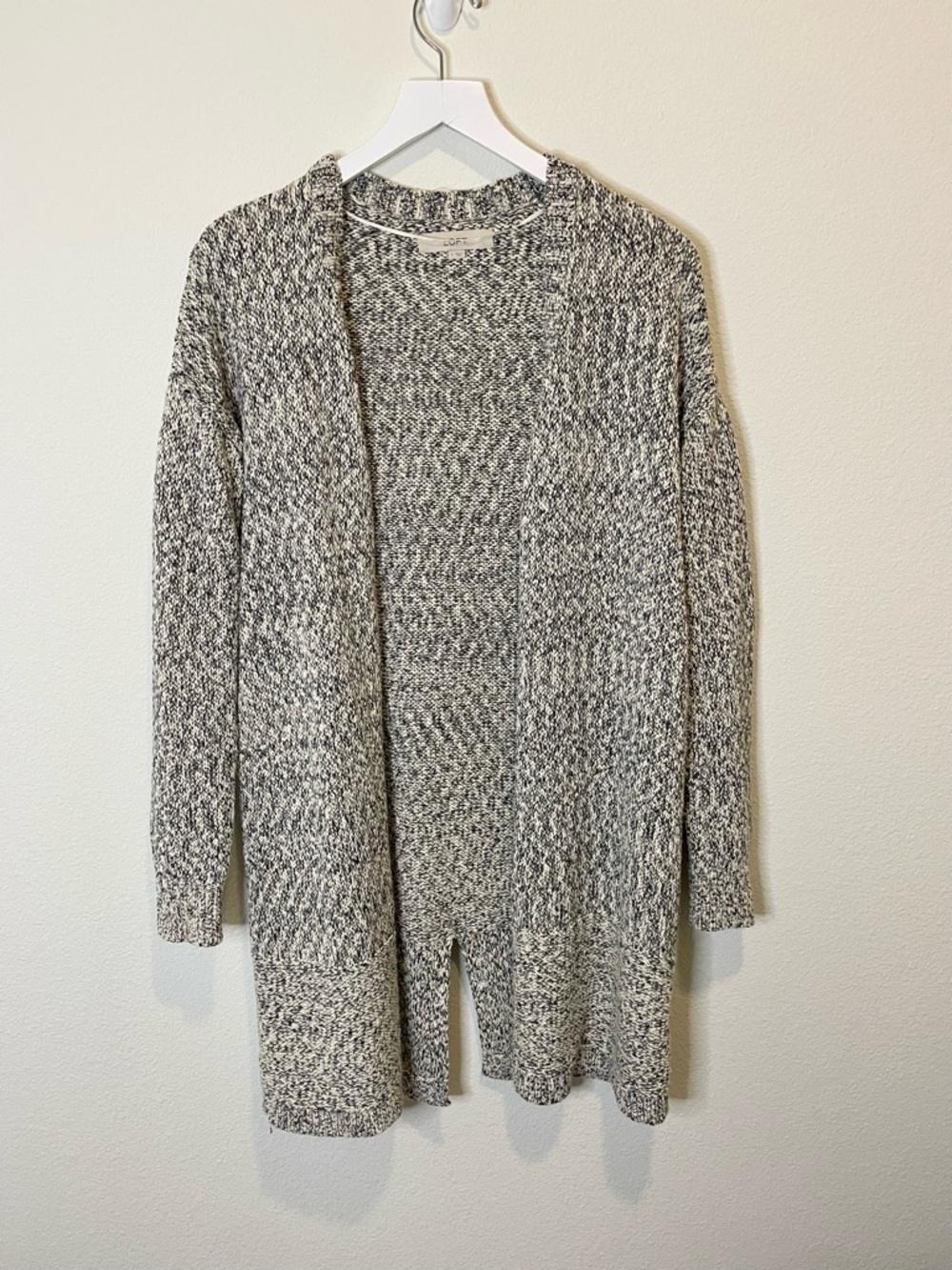 LOFT Marled Open-Front Gray & Cream Metallic Knit Cardigan